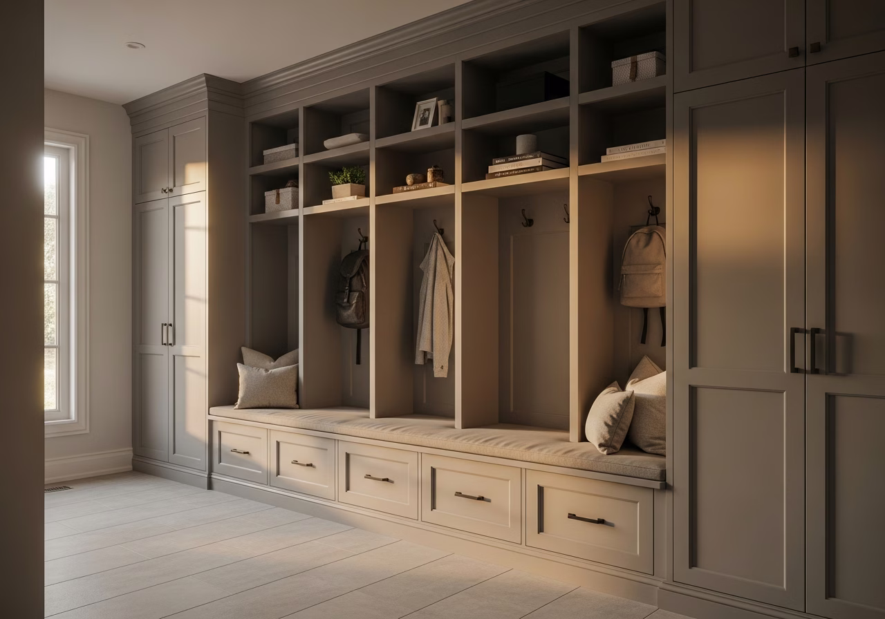 Finished mudroom bench & locker built-in result in a Toronto/GTA home, photographed in natural light
