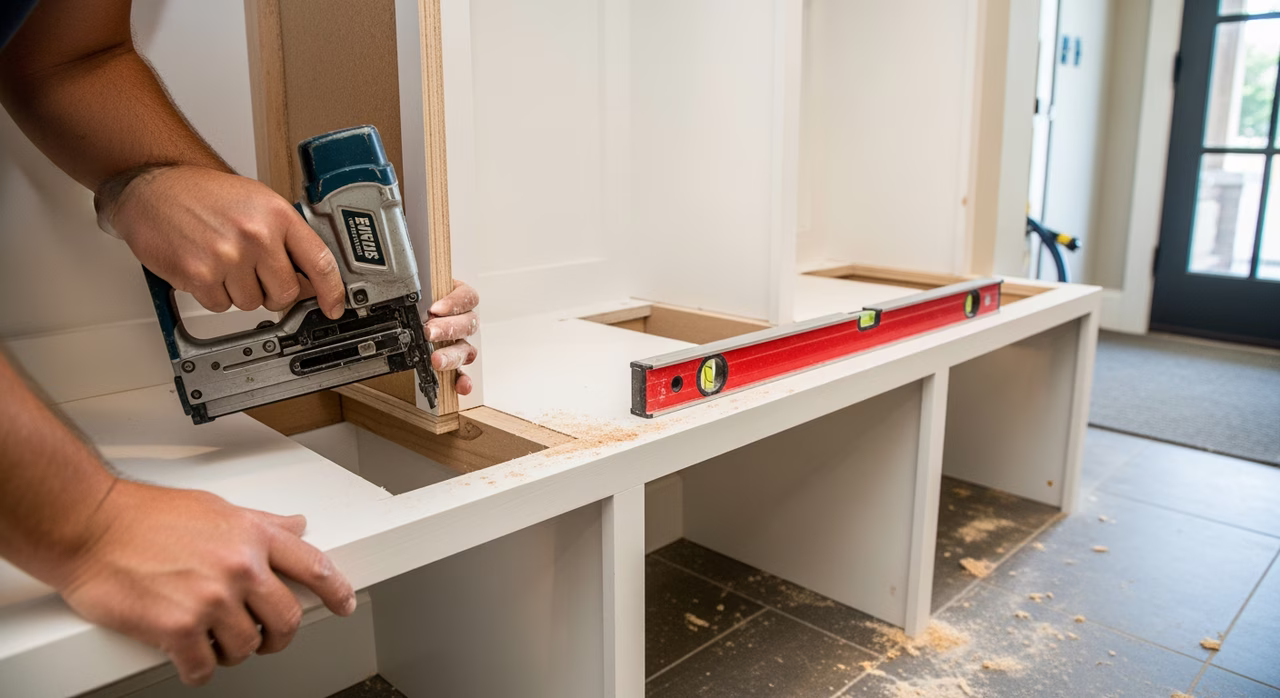 Finish carpenter installing custom shaker locker cubbies with bench seat in Mississauga side-entry mudroom