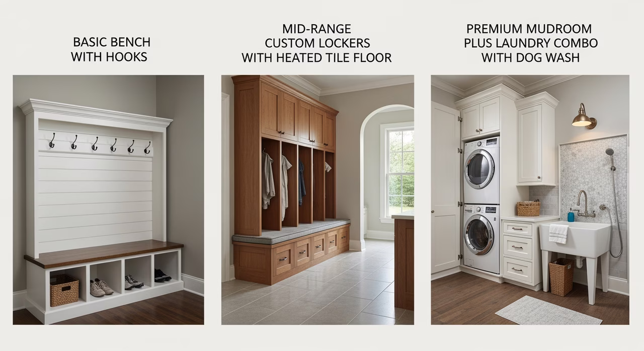 Three Toronto mudroom tiers compared: basic bench-and-hooks, mid-range with heated tile and lockers, premium with laundry and dog wash