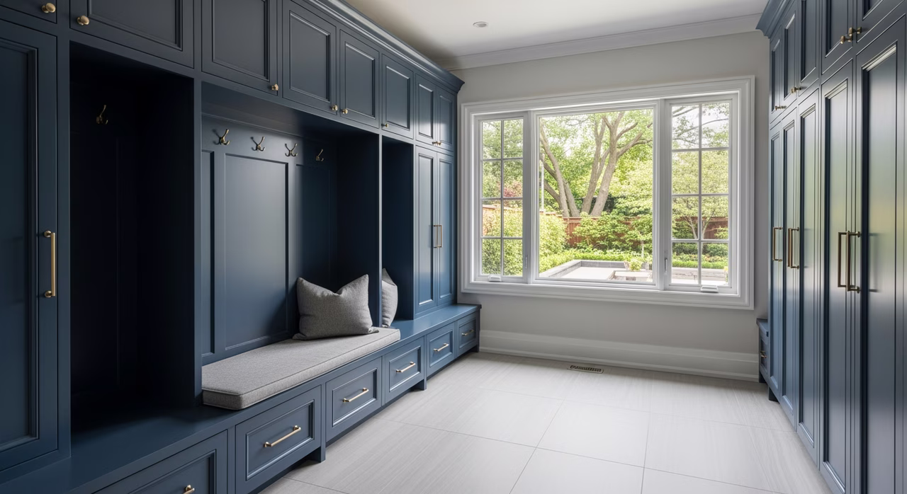 Toronto Etobicoke detached home back-entry mudroom with navy-blue painted lockers and heated porcelain tile