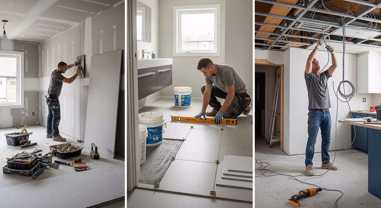 Three Toronto trades working concurrently: drywall, tile, electrical pot lights in adjacent rooms