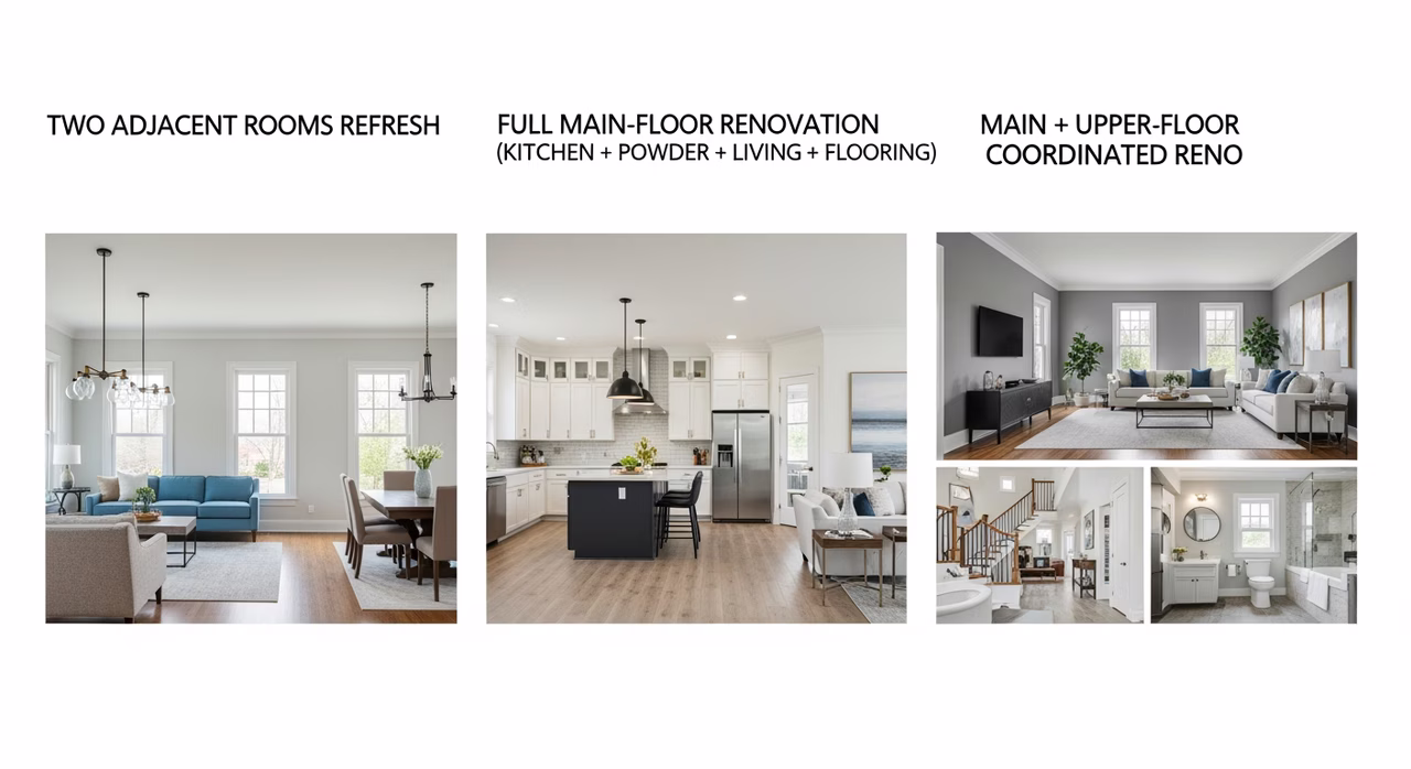 Three Toronto multi-room scopes compared: two-room refresh, full main-floor, main-and-upper coordinated