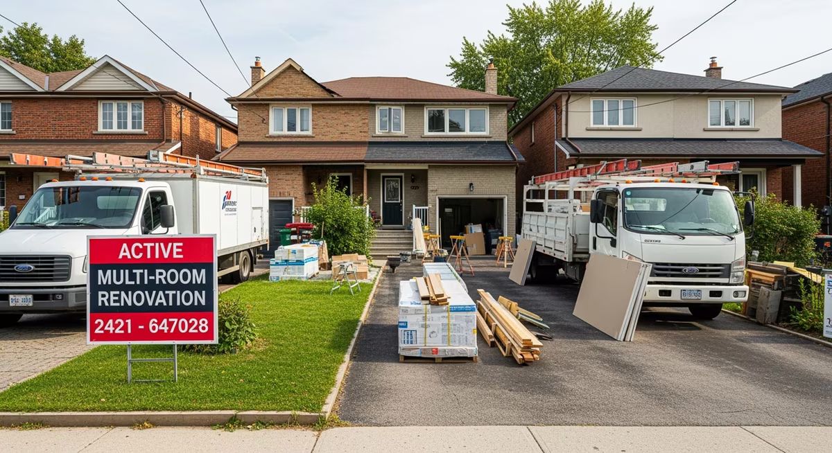 Toronto North York semi-detached home exterior with active multi-room reno signage and contractor trucks