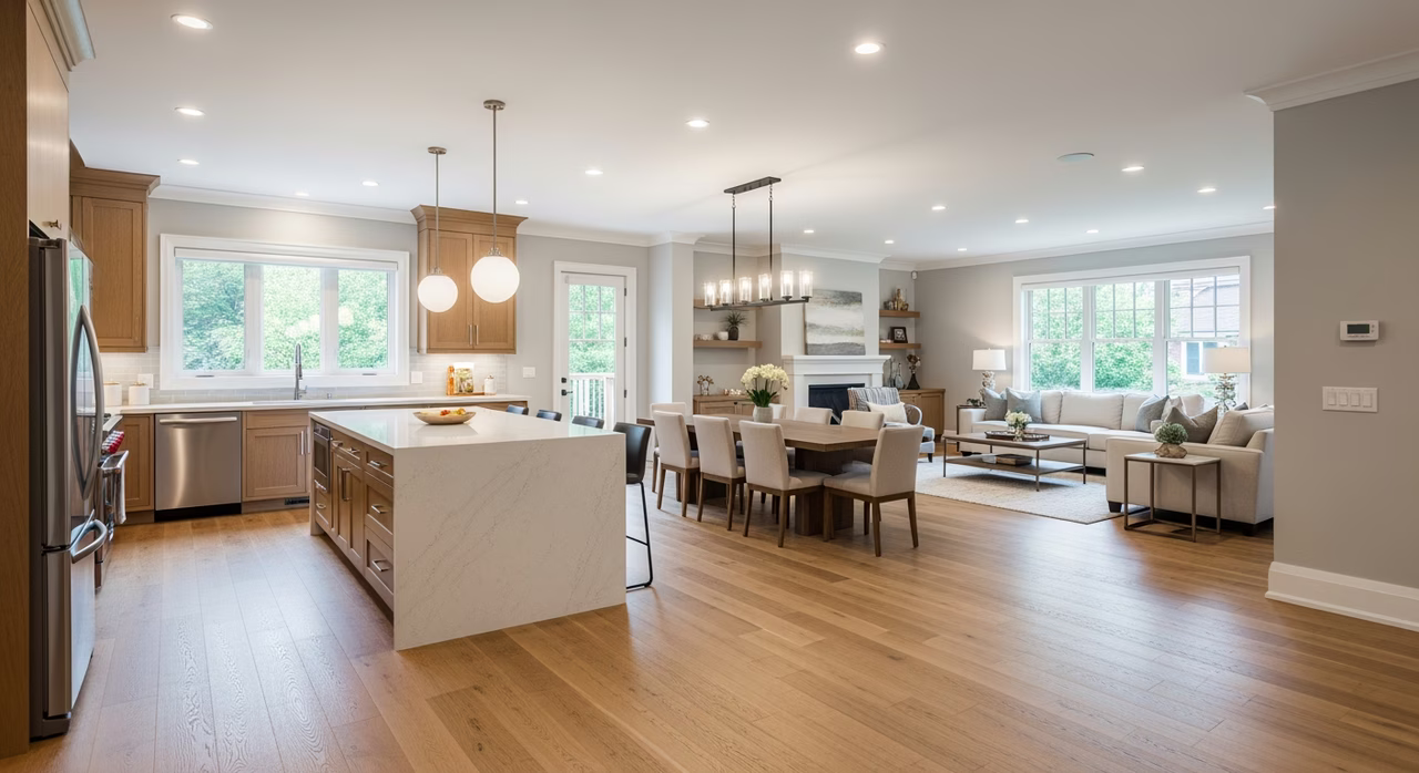 Completed Toronto multi-room renovation showing consistent oak hardwood flow between kitchen dining and living