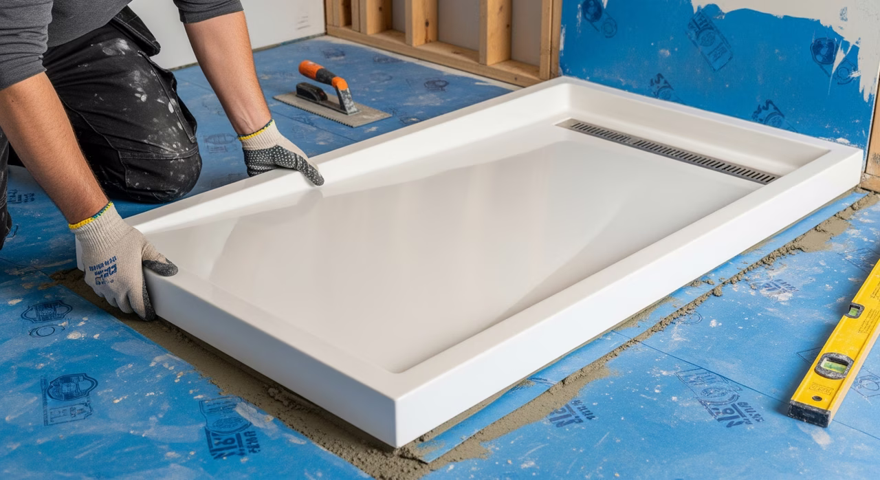 Contractor installing curbless walk-in shower base with linear drain in Toronto main-floor accessible in-law bathroom