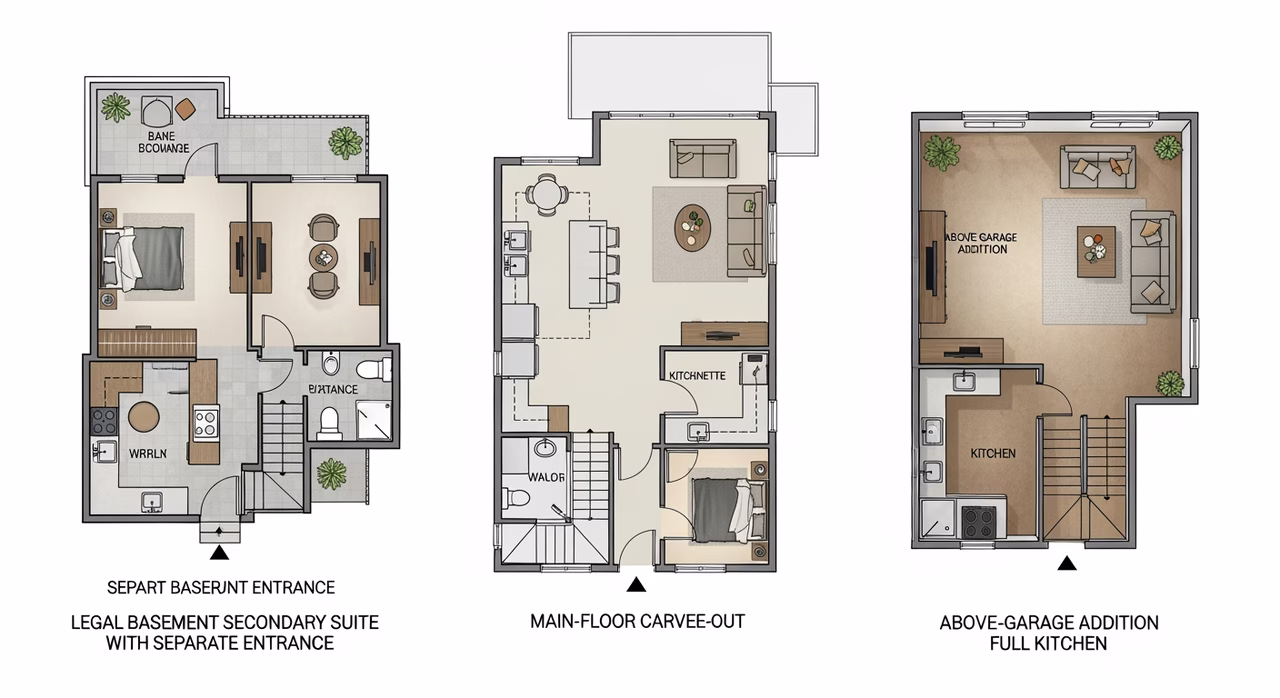 Three Toronto in-law suite configurations compared: legal basement secondary suite, main-floor carve-out, above-garage addition