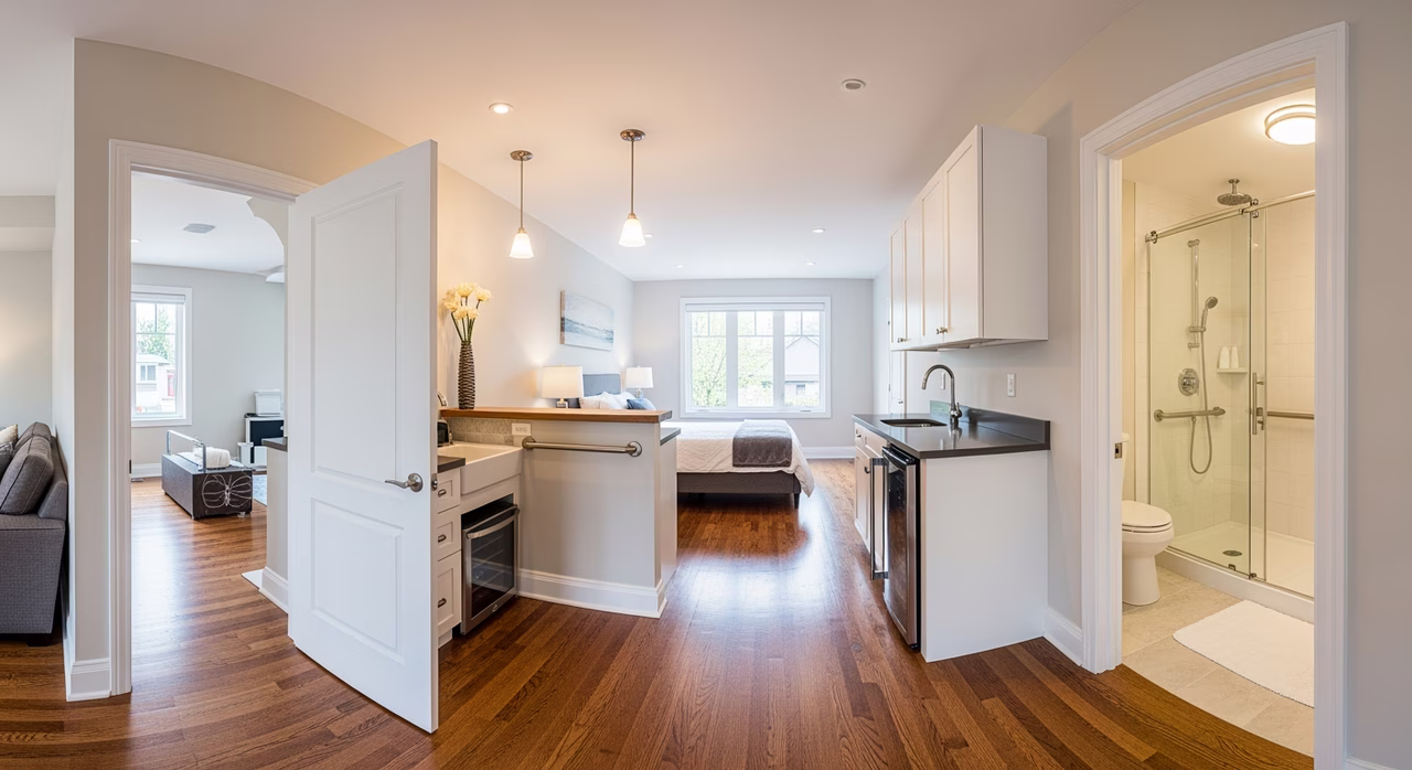 Completed Toronto main-floor in-law suite with barrier-free design, 36-inch doorways and accessible kitchenette