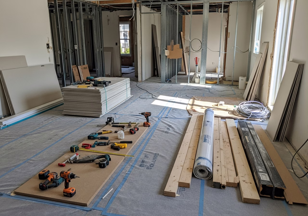 Multiplex Conversion (2-4 Plex) in progress: tools, materials, and protective floor covering staged for a GTA ARU conversion