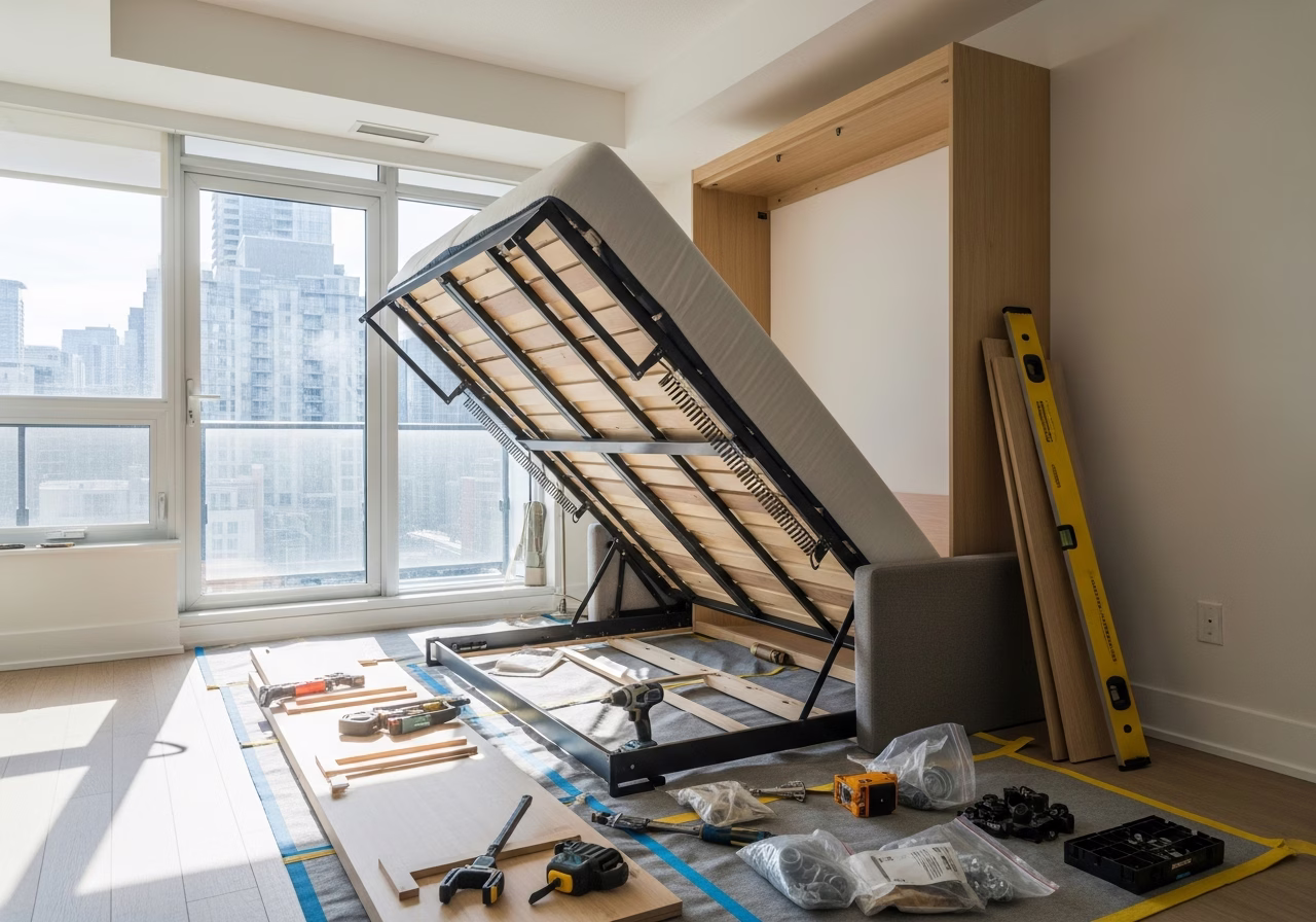 Tools and materials staged for Murphy bed installation project