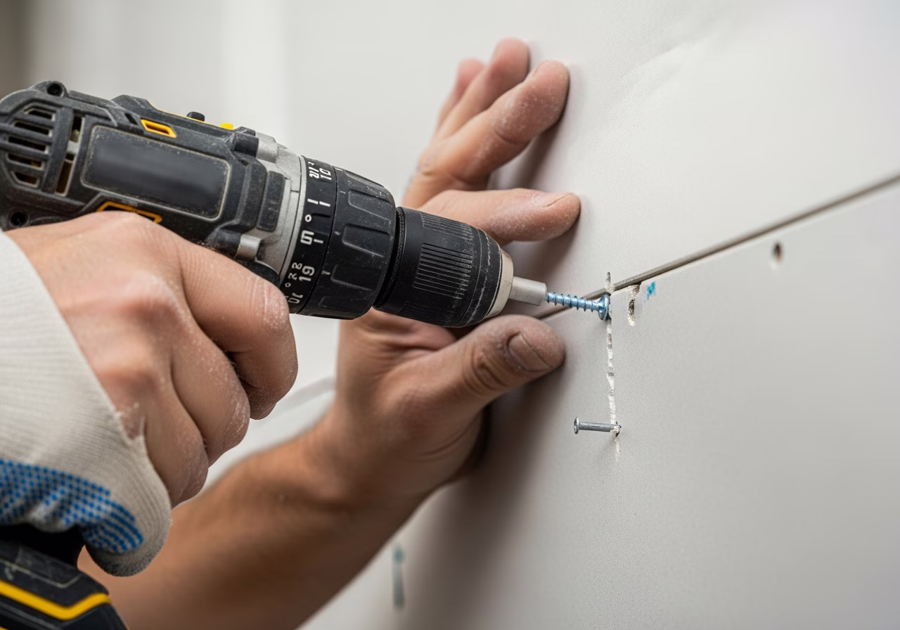 Setting drywall screw next to popped nail head — proper nail pop repair technique