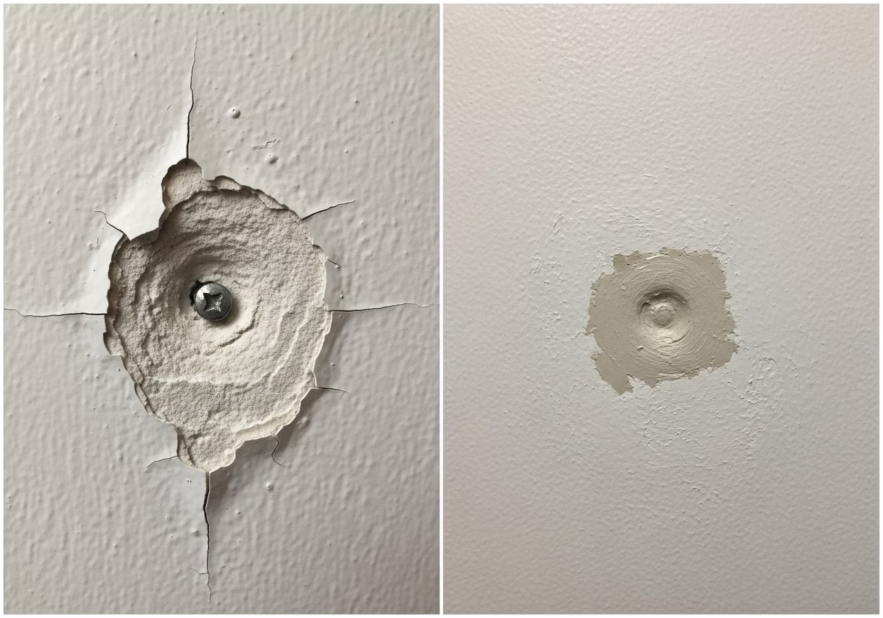 Nail pop before and after — cracked paint bump vs sanded smooth joint compound finish