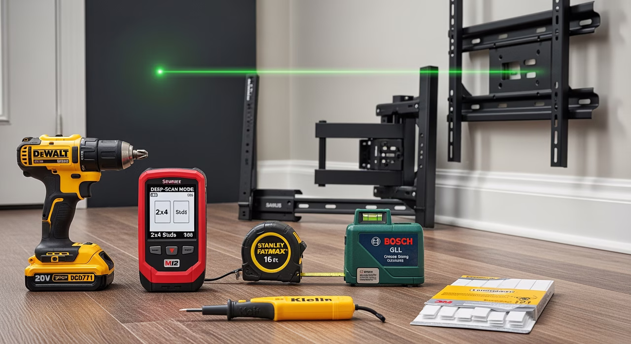 Toronto odd-jobs technician compact tool kit with DeWalt cordless drill, Milwaukee M12 stud-finder showing two 2x4 studs, Stanley FatMax tape, Bosch GLL self-levelling laser next to Sanus VMPL3 TV-mount bracket
