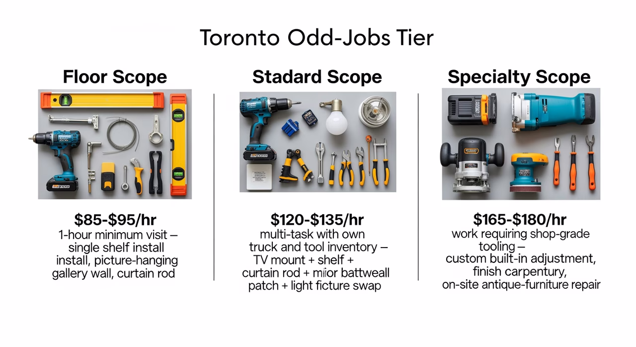 Three Toronto odd-jobs service tiers compared: floor 85-95 single-task 1-hour minimum, standard 120-135 multi-task with full hand-tool inventory, specialty 165-180 shop-grade finish carpentry on catalogue grey board