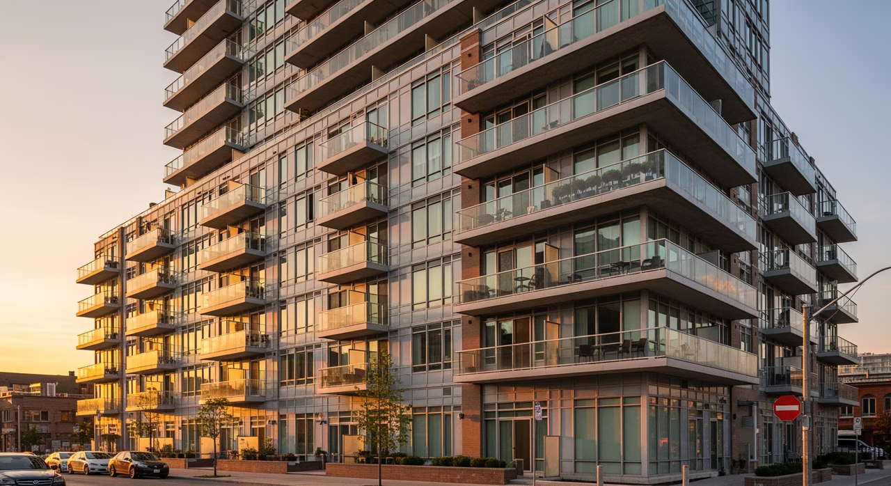 Toronto downtown 2010s Liberty Village mid-rise condo building exterior at golden hour where condo-dweller books 1-hour 120-180 odd-jobs visit for TV mount and IKEA assembly