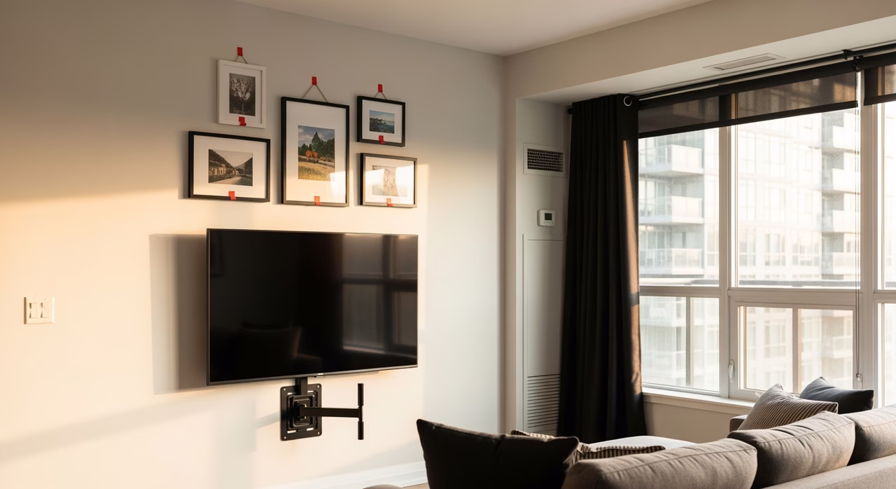 Completed Toronto Liberty Village condo living-room after odd-jobs visit showing professionally wall-mounted 65-inch TV on Sanus articulating bracket, level art gallery wall, fresh curtain rod hardware