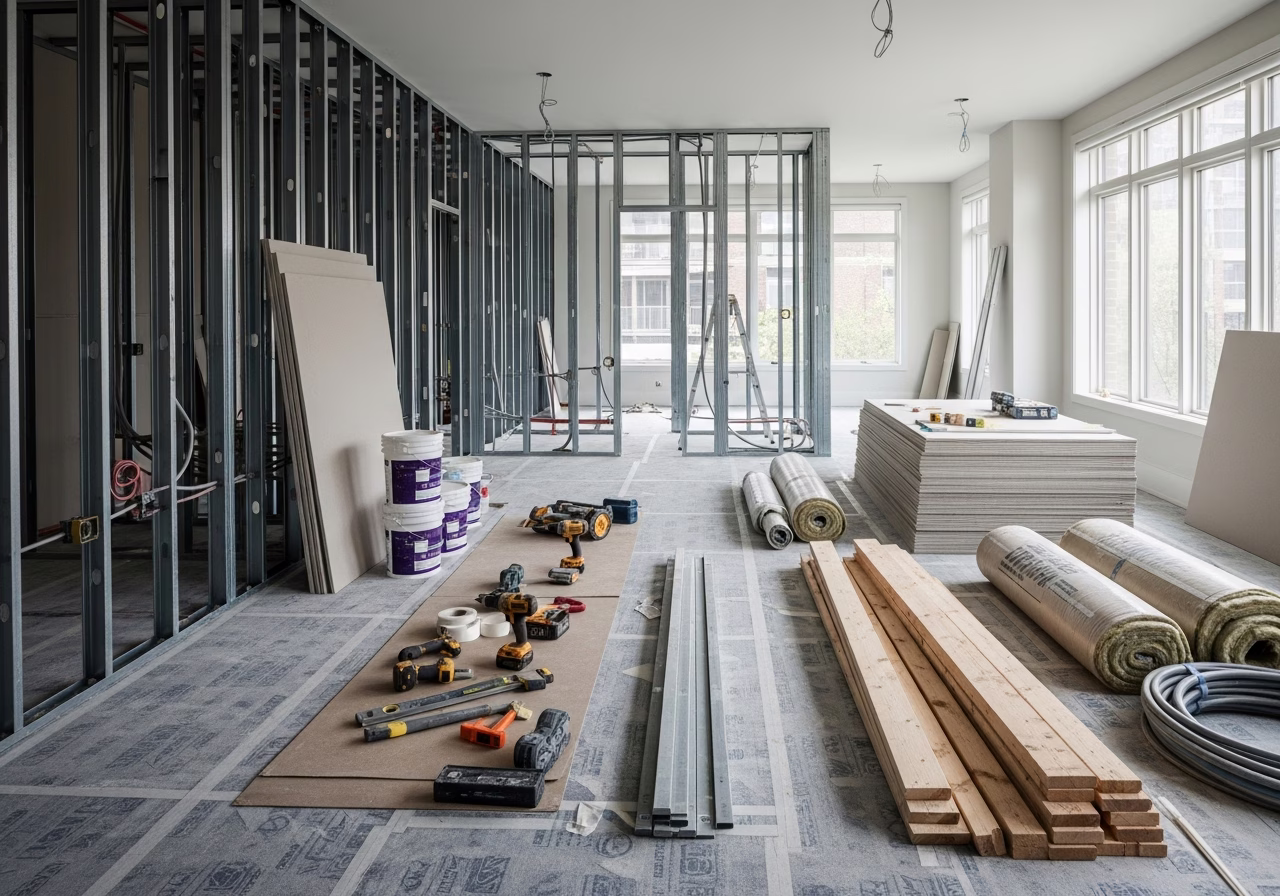 Commercial Office Buildout in progress: tools, materials, and protective floor covering staged for a Toronto home renovation
