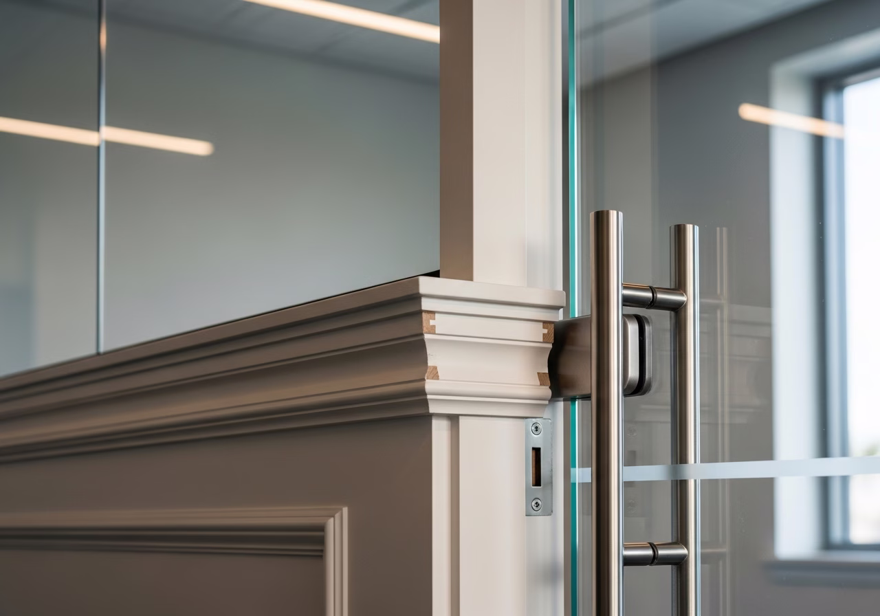 Close-up detail of professionally completed commercial office buildout showing craftsmanship and finish quality