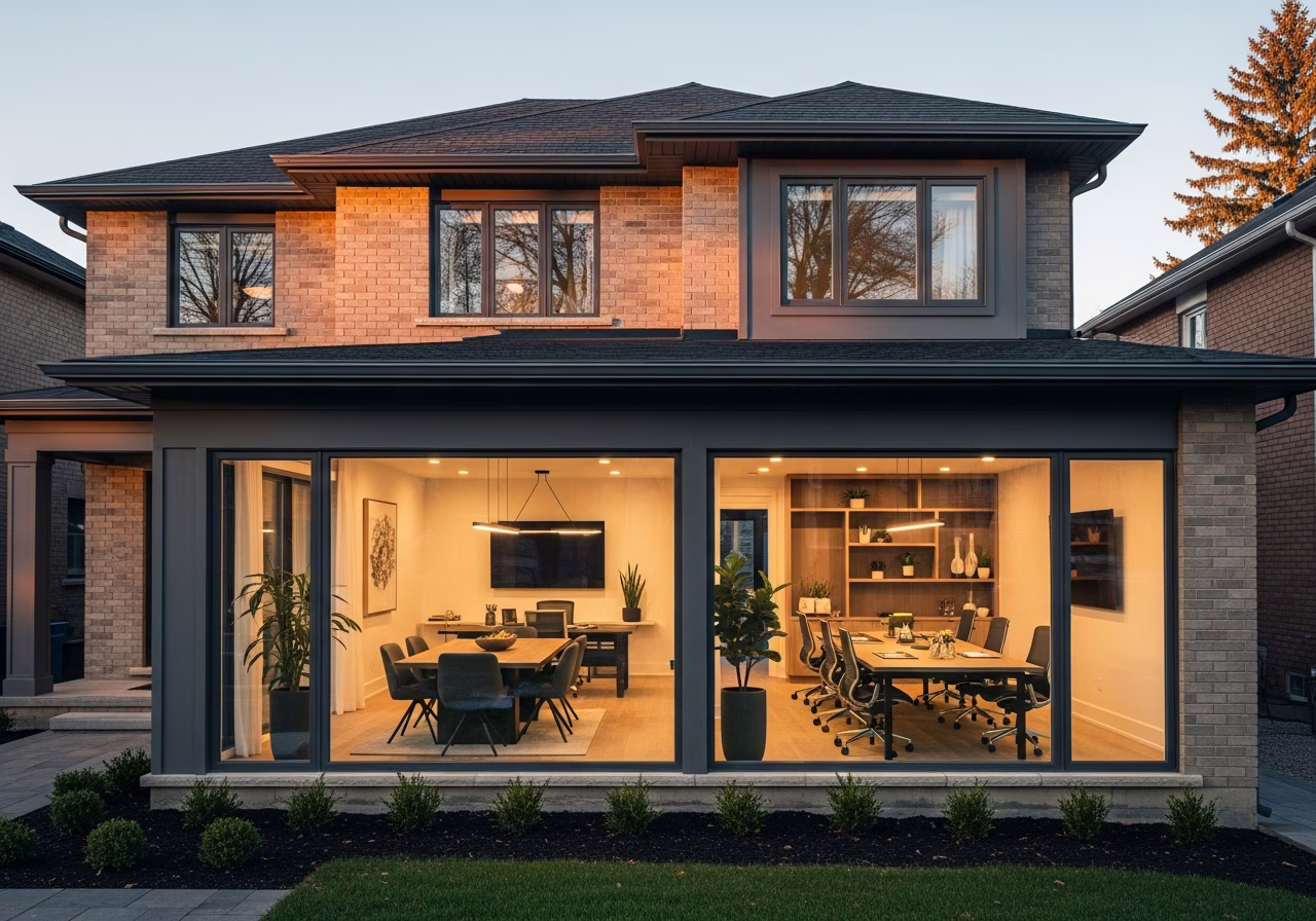 Finished commercial office buildout result in a Toronto/GTA home, photographed in natural light