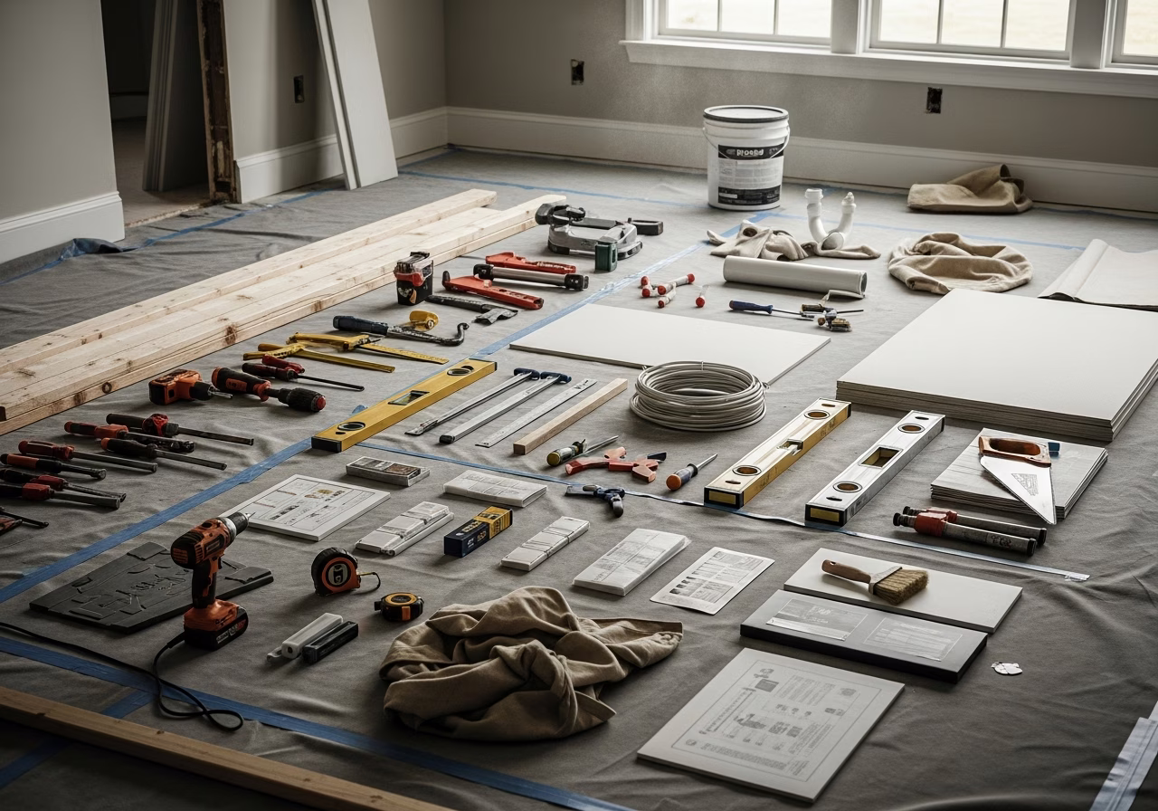 Tools and materials staged for office renovation in Toronto