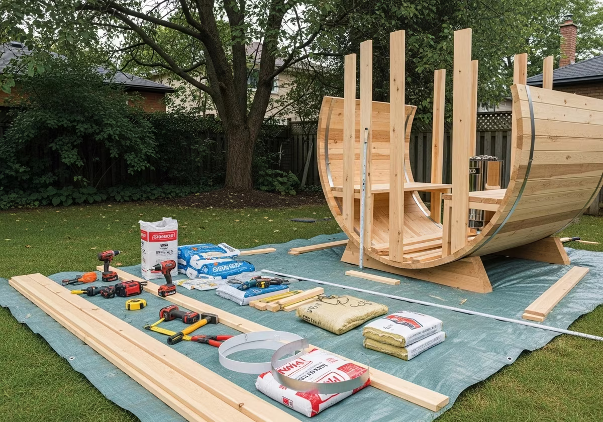 Tools and materials staged for outdoor barrel sauna installation project