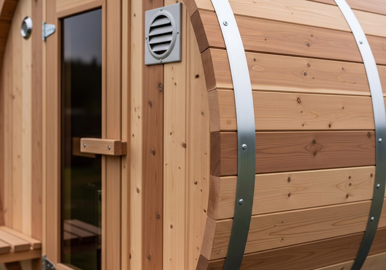 Close-up detail of professionally completed outdoor barrel sauna installation work