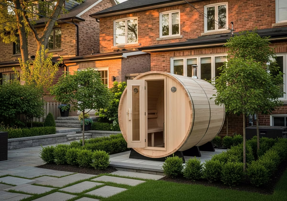 Completed outdoor barrel sauna installation in Toronto backyard home - finished result