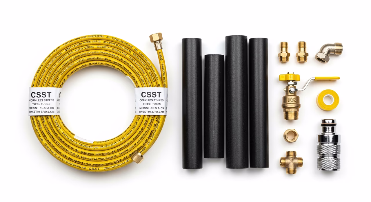 Black iron pipe, CSST flexible gas tubing, and yellow PE underground gas line samples compared