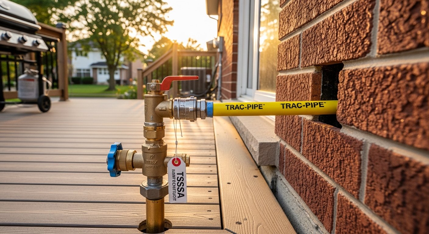 Detail view of a outdoor gas line installation job finished in Oshawa — expert craftsmanship