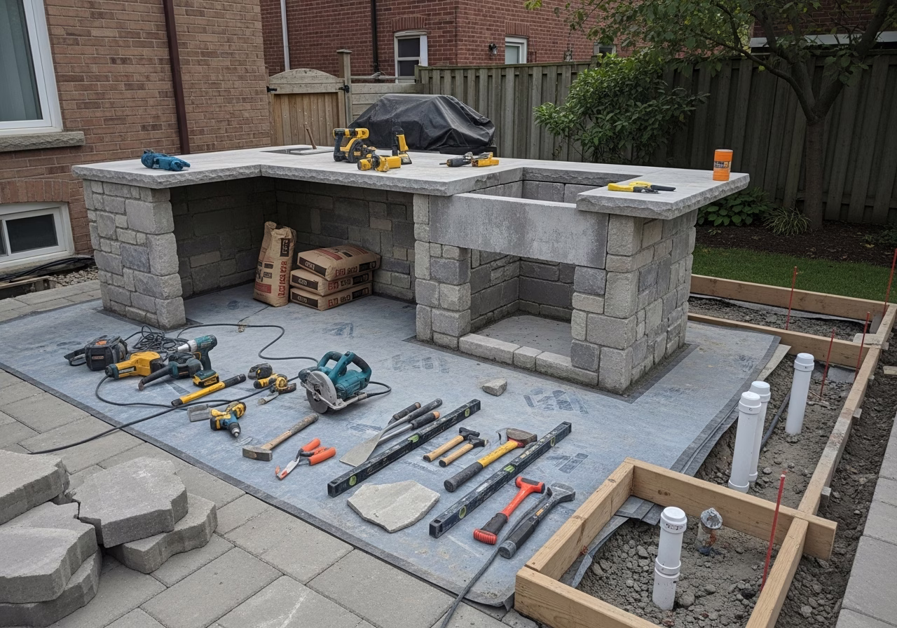 Outdoor Kitchen Build in progress: tools, materials, and protective floor covering staged for a Toronto exterior work