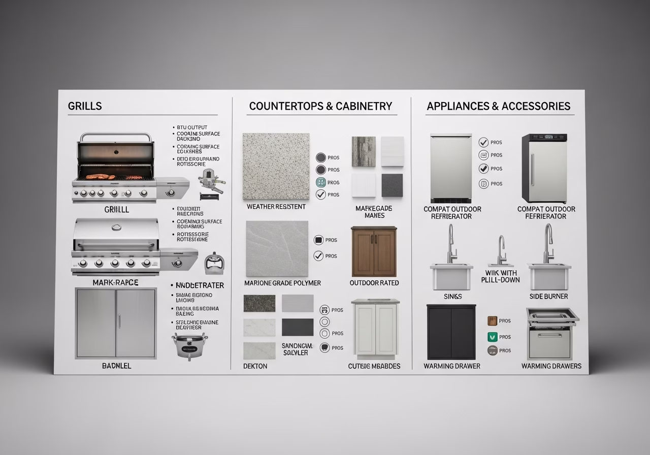 Side-by-side product and material comparison for outdoor kitchen build — typical brands and finishes used in Toronto exterior