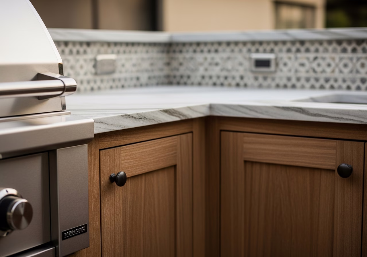 Close-up detail of professionally completed outdoor kitchen build showing craftsmanship and finish quality