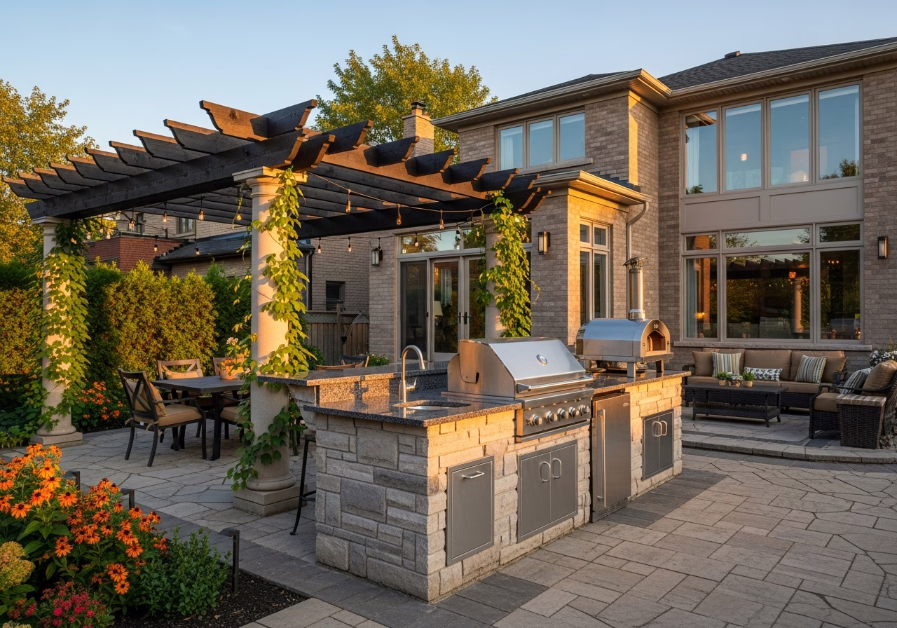 Finished outdoor kitchen build result in a Toronto/GTA home, photographed in natural light
