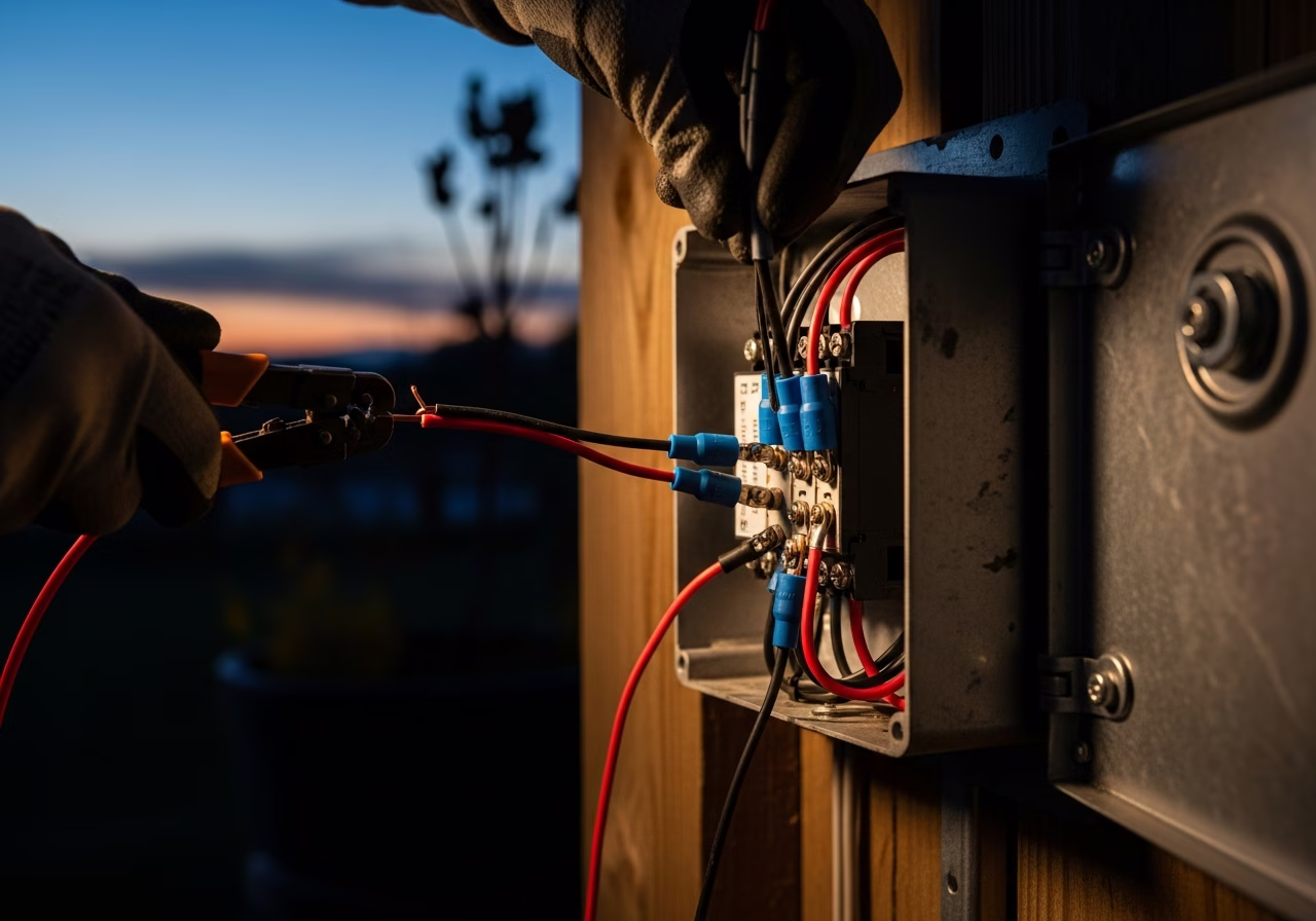 Wiring low-voltage landscape lighting transformer with waterproof connectors