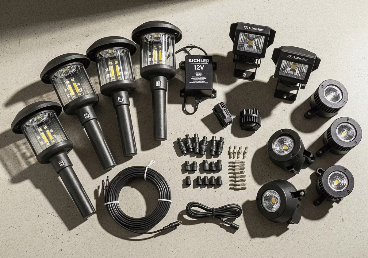 Landscape lighting kit — Kichler path lights, FX uplights, 12V transformer