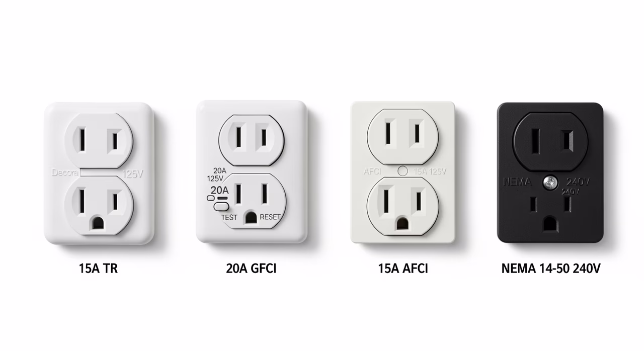 Standard duplex, GFCI, USB-C, and smart outlets compared on installation display board