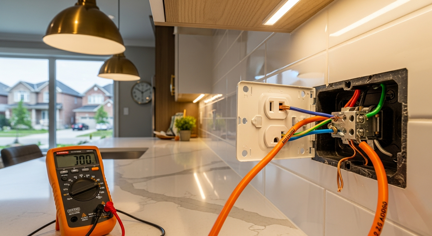 Close-up of professional electrical outlet & switch installation work delivered in Brampton