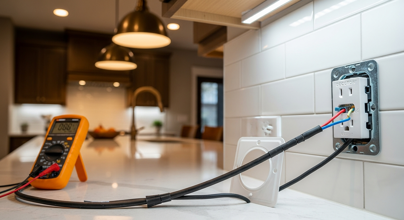 Editorial detail of a Brock electrical outlet & switch installation install โ visible quality finish