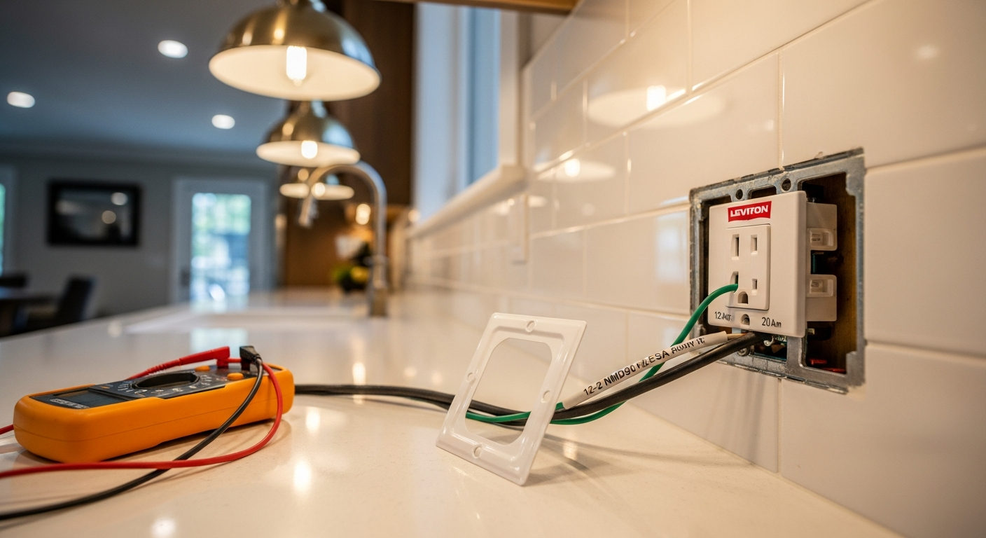 Close-up of professional electrical outlet & switch installation work delivered in Richmond Hill