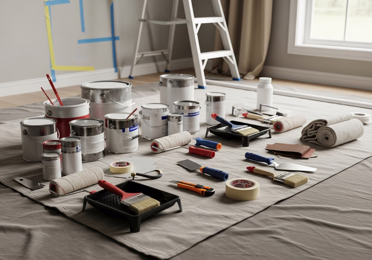 Tools and materials staged for painting service in Oakville