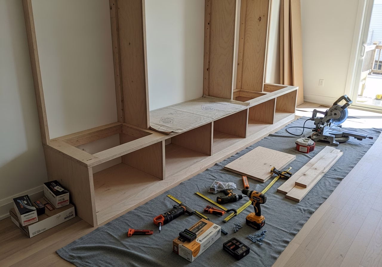 Mudroom Bench & Locker Built-In tools and materials staged in Toronto home