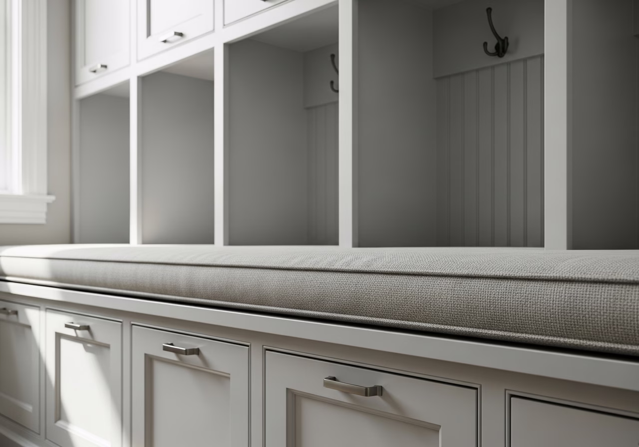 Close-up detail of professionally completed Mudroom Bench & Locker Built-In