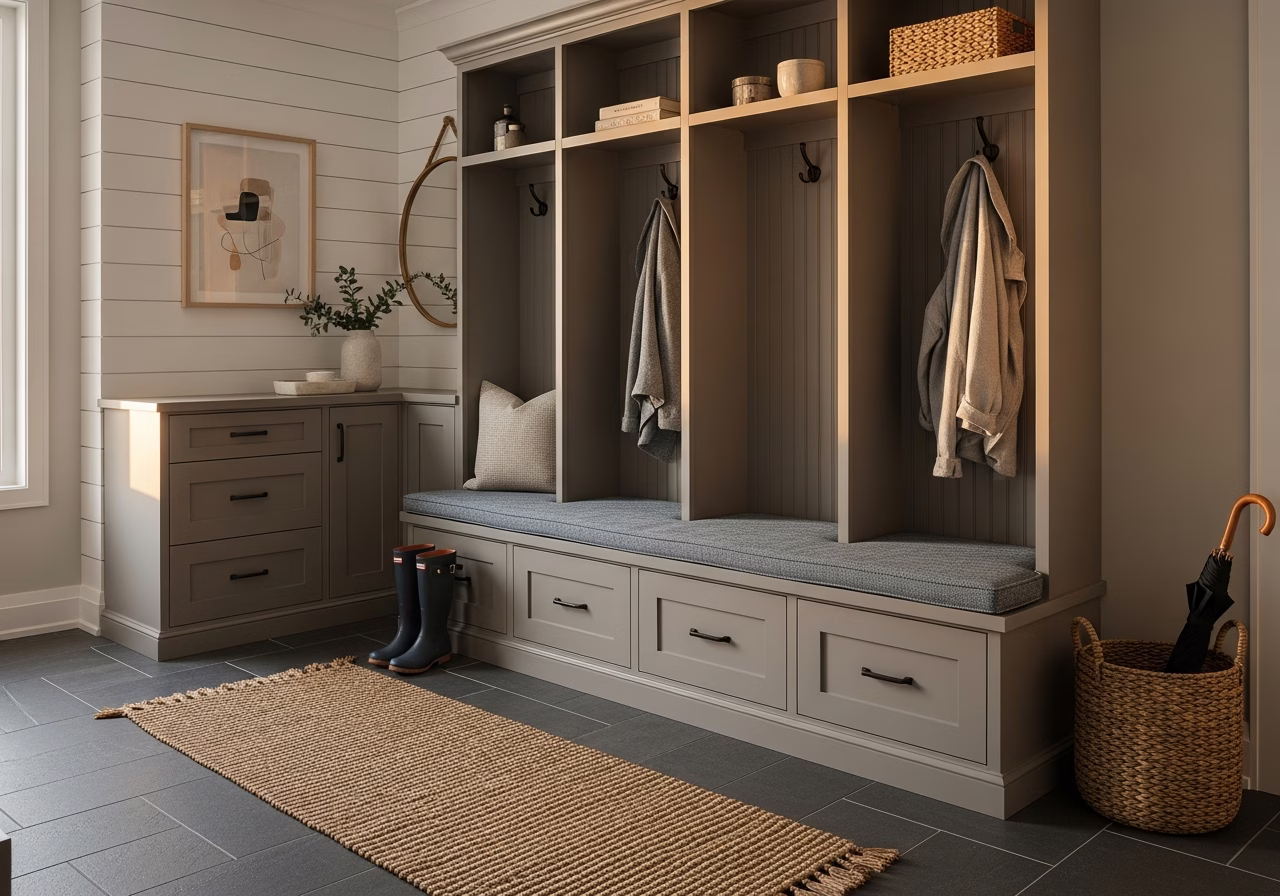 Completed Mudroom Bench & Locker Built-In in Toronto/GTA home