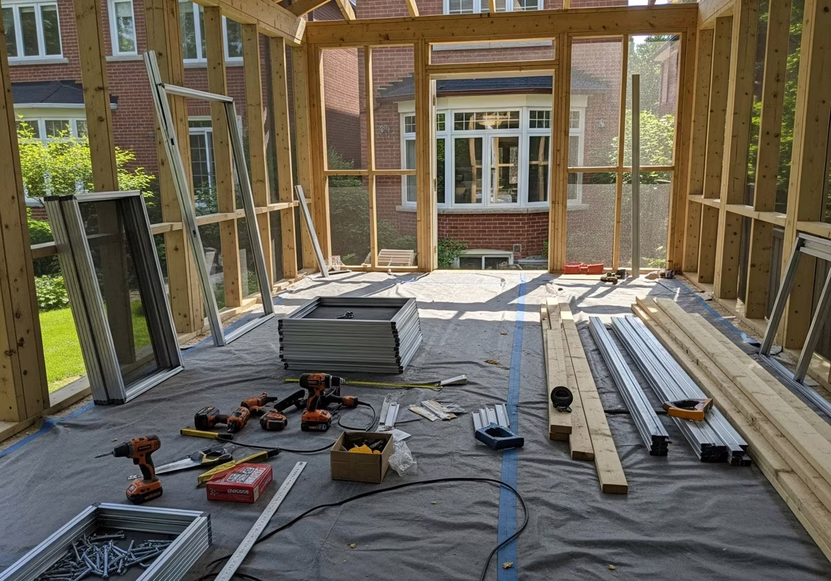 Screen Porch Installation tools and materials staged in Toronto home