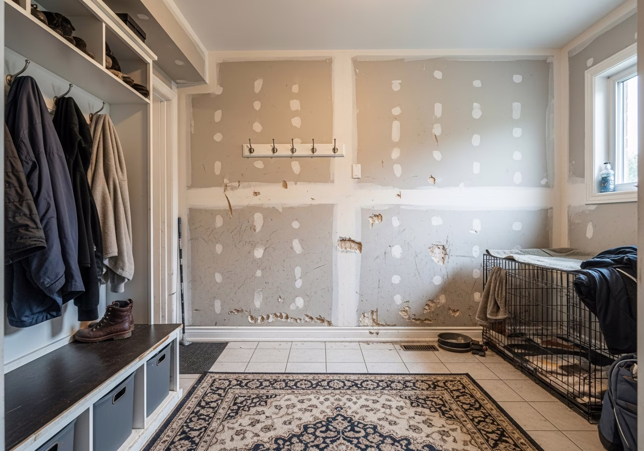 Pet wear-and-tear damage in Toronto Riverside semi-detached entry-way mudroom
