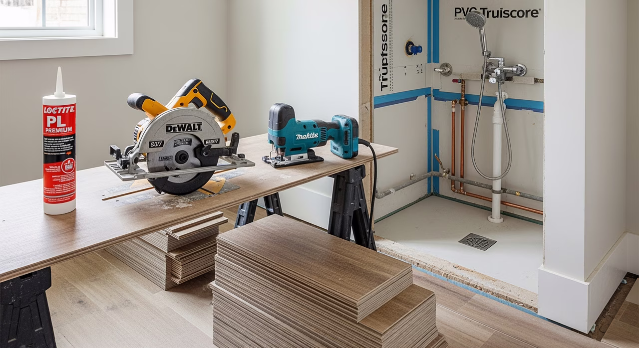 Toronto pet-friendly-renovation carpenter with DeWalt circular saw, Makita LXT jigsaw, Mohawk RevWood Plus pet-warranty LVT planks, Trusscore PVC waterproof wall panels staged in mudroom under construction next to dog-wash station mid-install