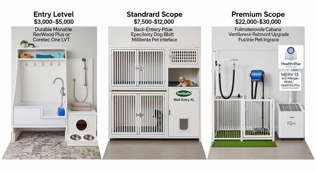 Three Toronto pet-friendly-renovation tiers compared: entry-level mudroom 3000-5000, standard mid-scope 7500-12000 with kennel and pet-door, premium pet-suite 22000-30000 with climate zone and grooming station on catalogue grey board