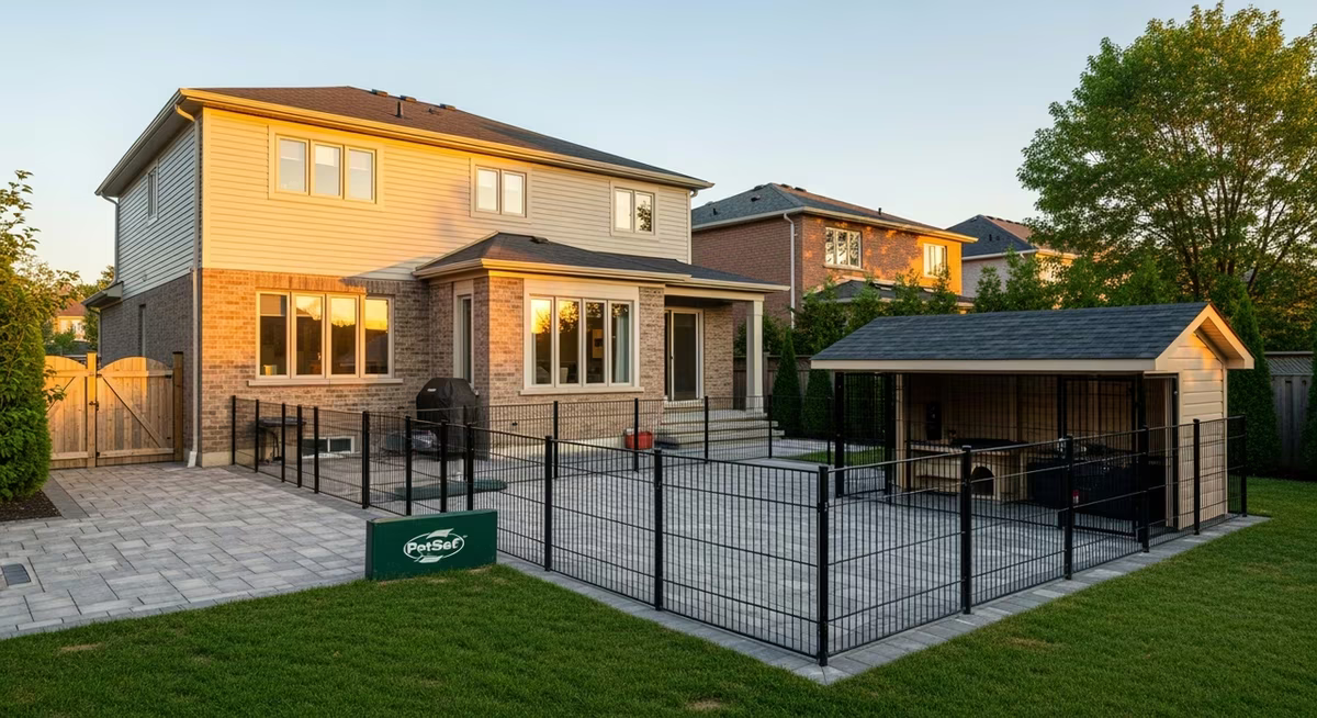 Toronto Markham 2010s detached two-storey family home exterior with large fenced backyard featuring custom outdoor dog-run pen and covered kennel structure at golden hour where pet-loving family books 22000-30000 premium scope