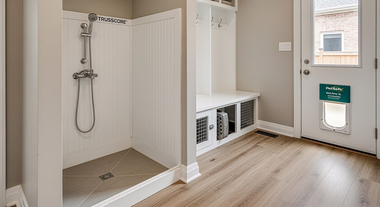 Completed Toronto Markham mudroom interior after pet-friendly-renovation showing Mohawk RevWood Plus pet-warranty LVT in light oak, built-in dog-wash station with Trusscore PVC waterproof panels and chrome hand-shower wand, custom built-in dog-crate, PetSafe Wall Entry XL electronic pet-door