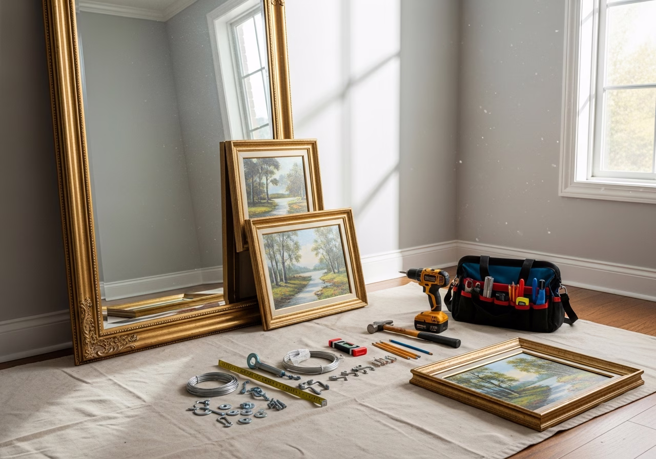 Picture & Mirror Hanging in progress: tools, materials, and protective floor covering staged for a Toronto furniture assembly