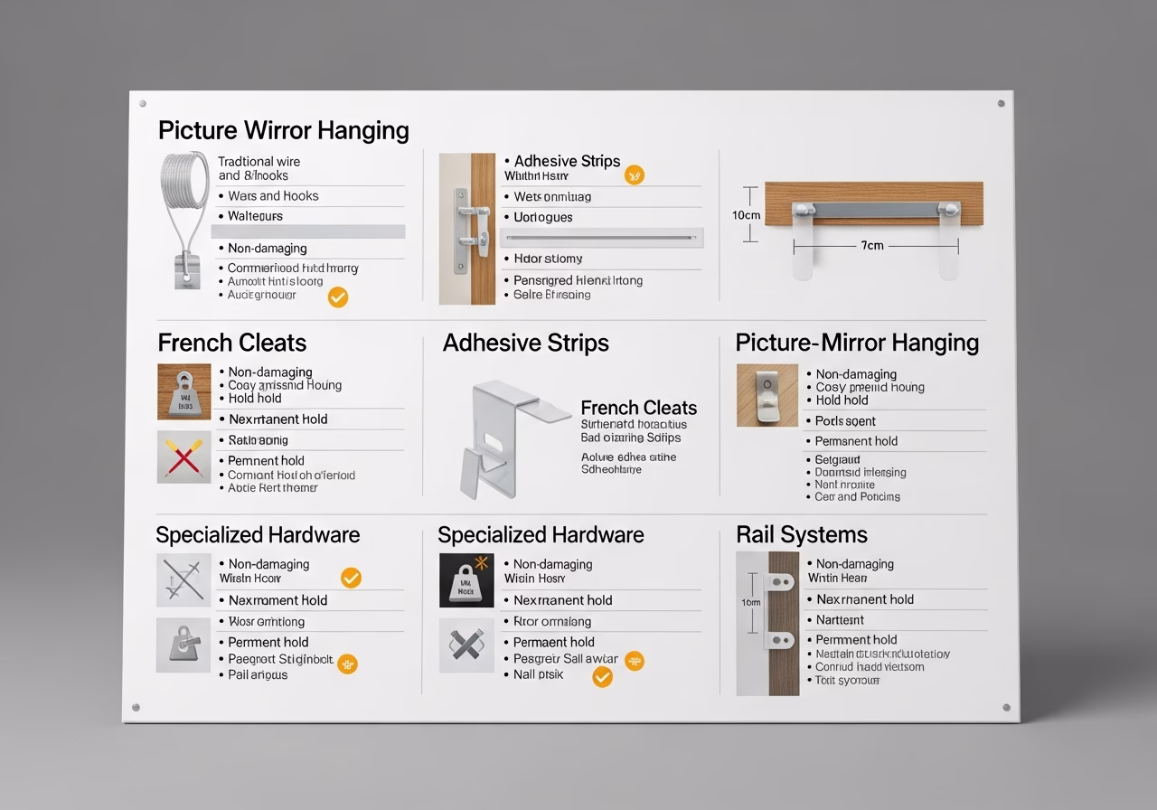 Side-by-side product and material comparison for picture & mirror hanging — typical brands and finishes used in Toronto furni